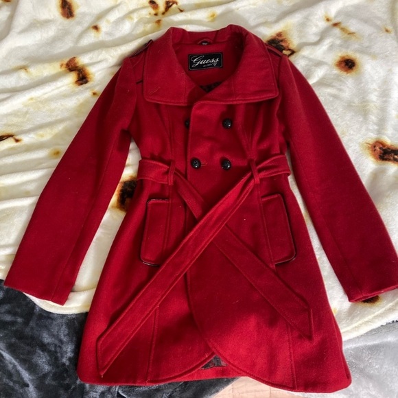 Guess red belted winter trench coat pea coat size Small - Picture 2 of 11